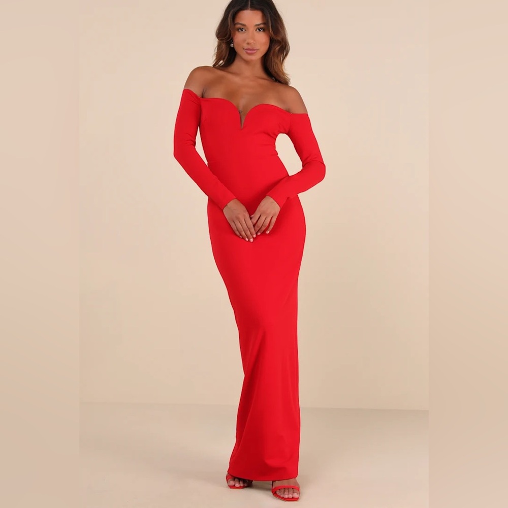 Women’s Lulus Red Long Sleeve Off-the-Shoulder Maxi Dress